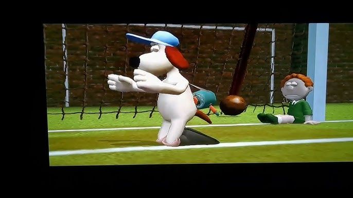 Gromit celebrating after scoring a goal while a kid cries in the corner