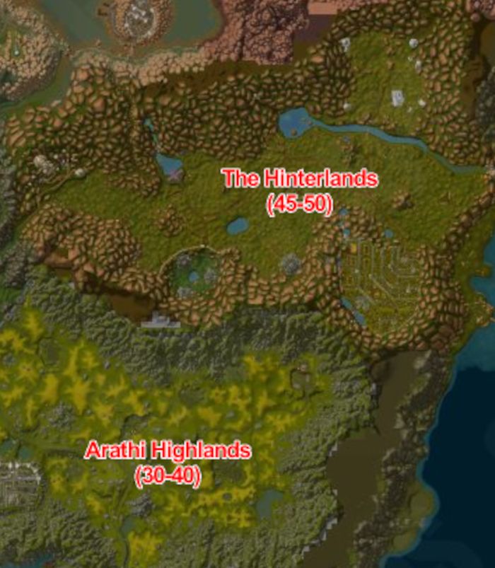 The Hinterlands and the Arathi Highlands, neighbouring zones in World of Warcraft