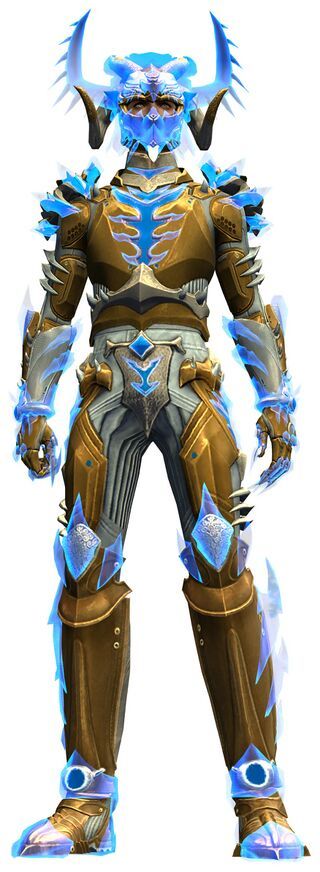 Guild Wars 2 armour set with a scroll hanging over the crotch. The scroll has an arrow(?) pointing down(?)