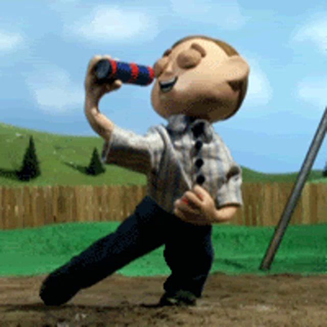 a cartoon character is drinking from a bottle while standing on one leg