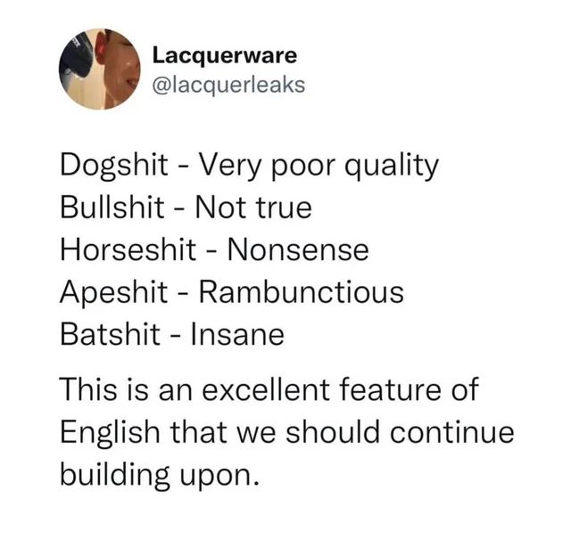 Photo of a tweet, defining dogshit, bullshit, horseshit, apeshit, and batshit.