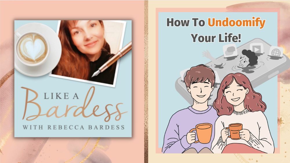 How to Undoomify your life. Picture of happy people drinking coffee at front and person drowning in doomscroll in background.