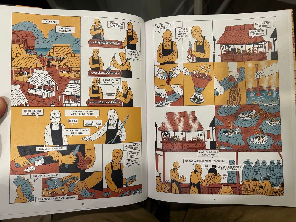 Two-page spread from Perrodeau’s Phil’s Mask. Dialogue amidst food preparation 