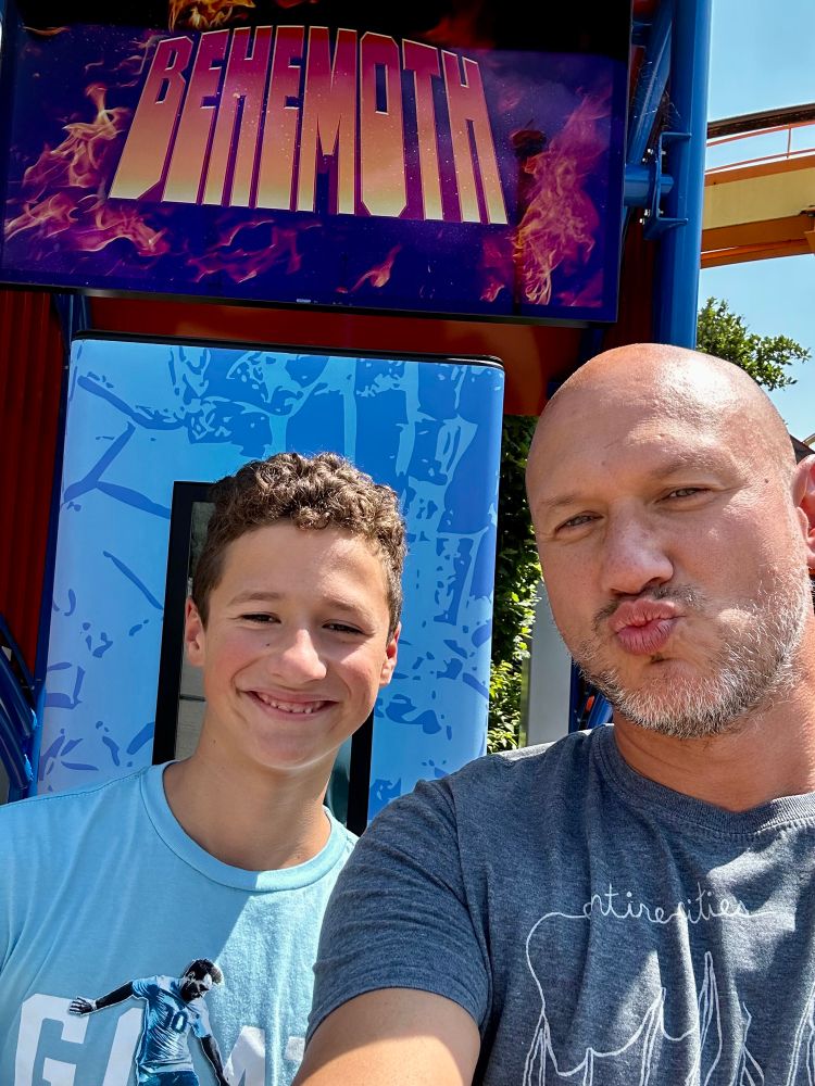 My son and I in front of the Behemoth sign at Canada’s Wonderland amusement park, north of Toronto.