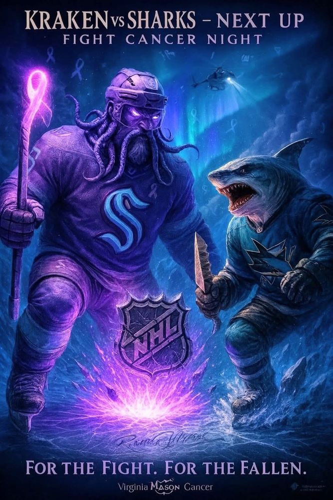 Seattle Kracken cartoon character in Seattle Kracken hockey uniform being attacked by Great white shark San Jose Sharks hockey uniform.