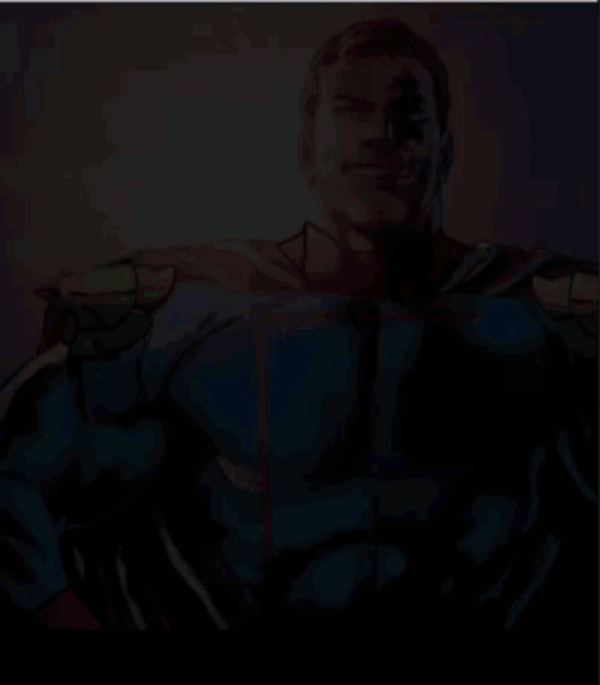 a pixelated drawing of a man in a blue and gold superhero costume