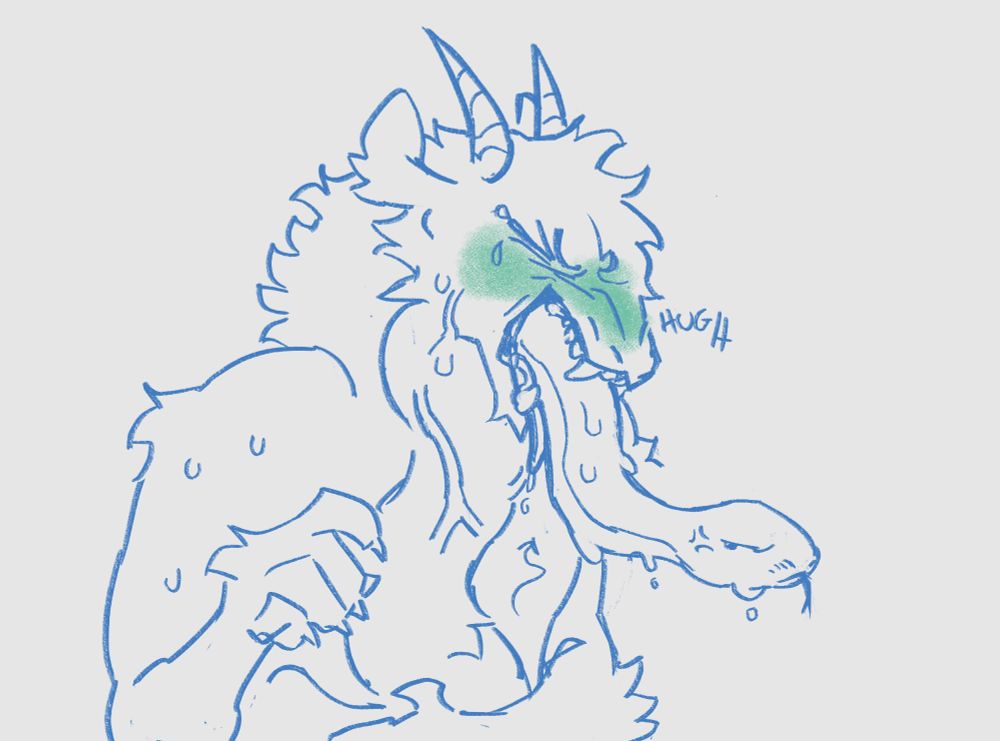 The same dragon throwing up with part of a snake emerging from their mouth. 