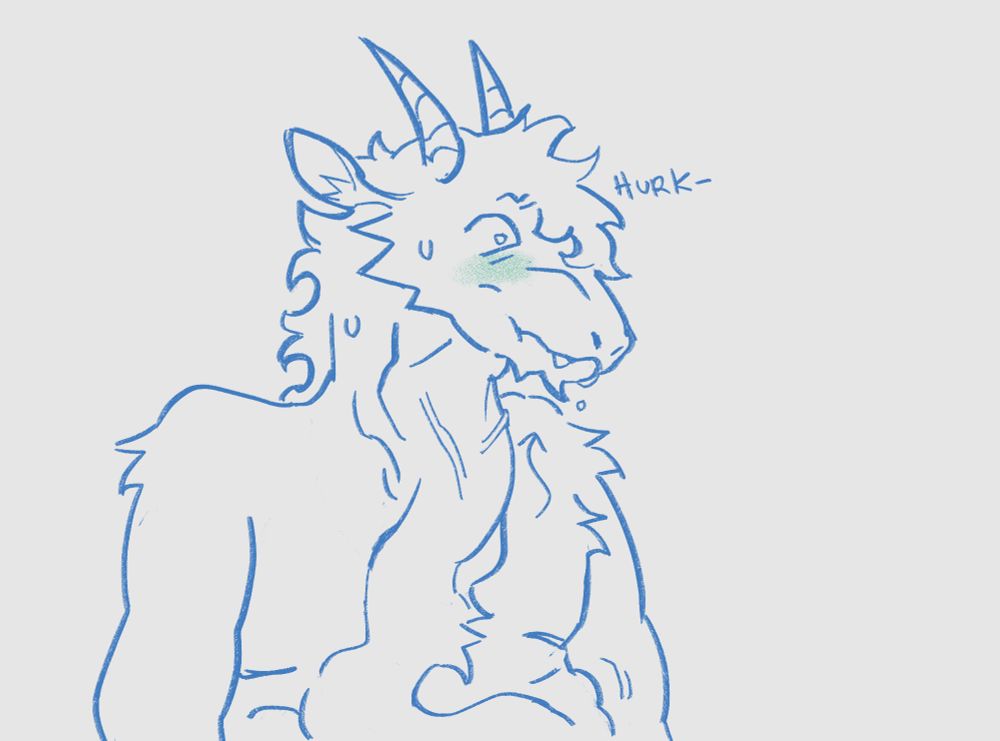 A drawing of a dragon feeling nauseous. There is a noticeable bulge in their gut and throat.