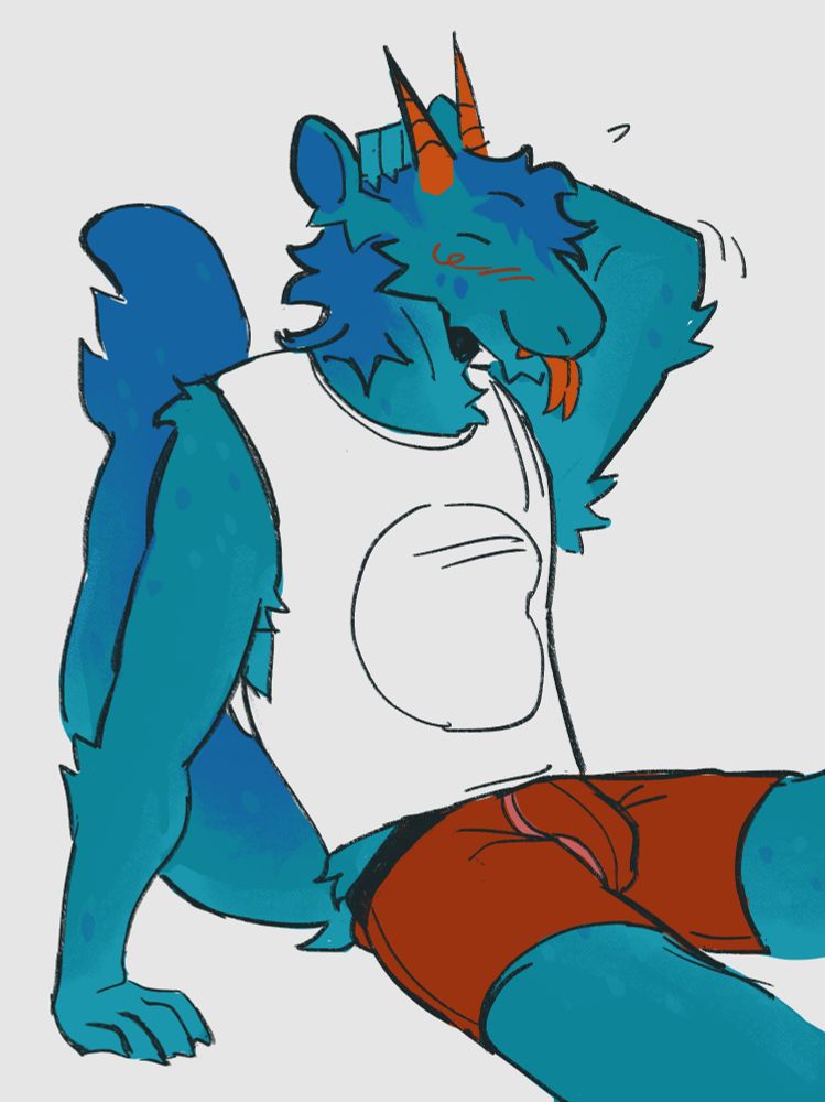 A digital illustration of a dragon lounging in a muscle tee and underwear. He's scratching his head and smiling with his tongue out. 
