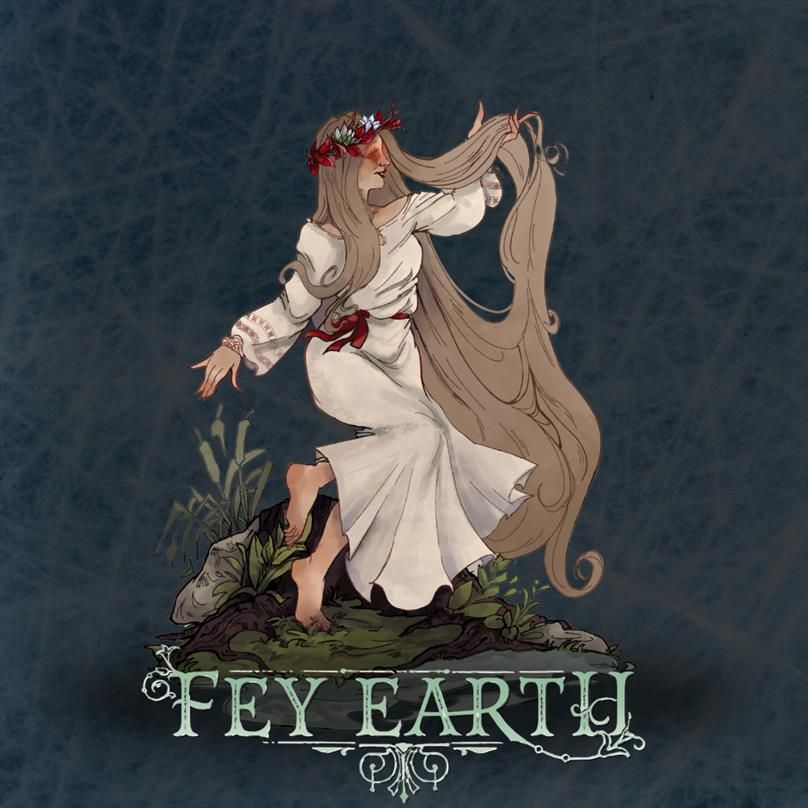 The image shows a maiden wearing a long, white silk dress. She is shown in side profile and appears to be dancing with one hand raised high. She has long flowing blonde hair which is being held in the raised hand but flows all the way to the ground beneath her. She has a crown of flowers and her eyes glow with a red light