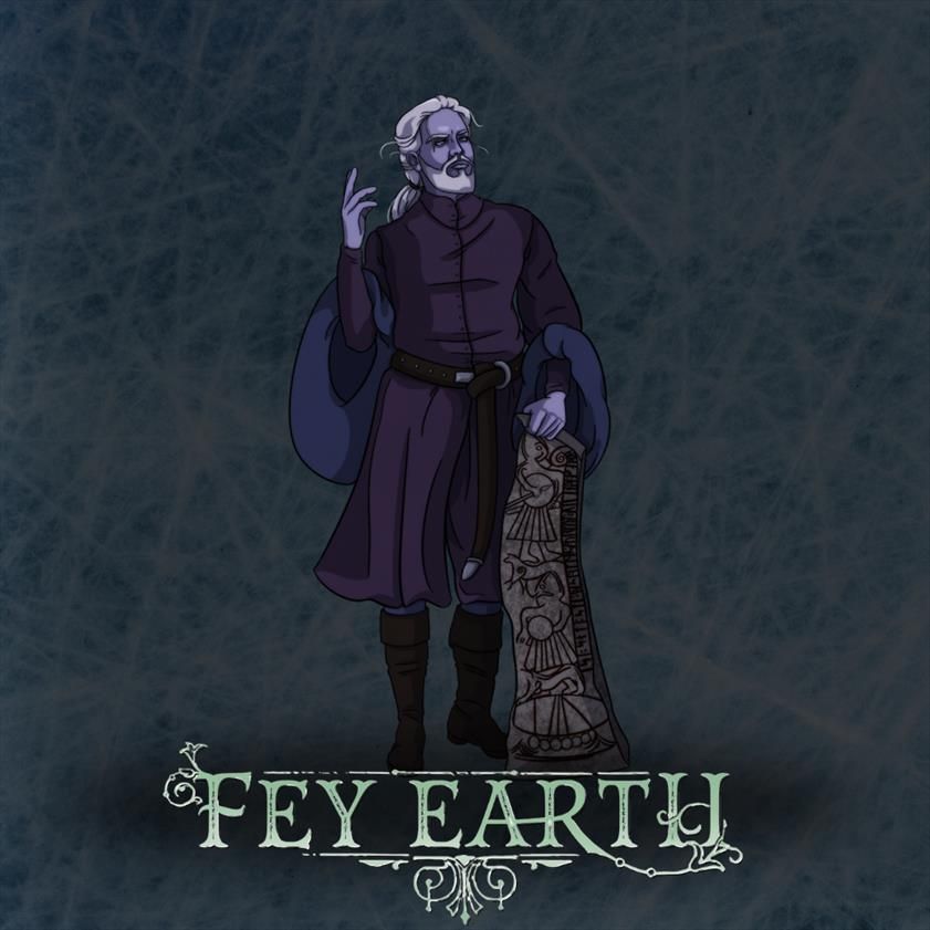 The image shows a frost giant. They have long white hair tied back in a ponytail. Their skin is a light purple colour. They are wearing a long, darker purple tunic in the style of a 14h century men's cotehardie with high boots and dark grey leggings. They are leaning against a stone which has been engraved with artwork in a style similar to the ringerike style viking rune stones