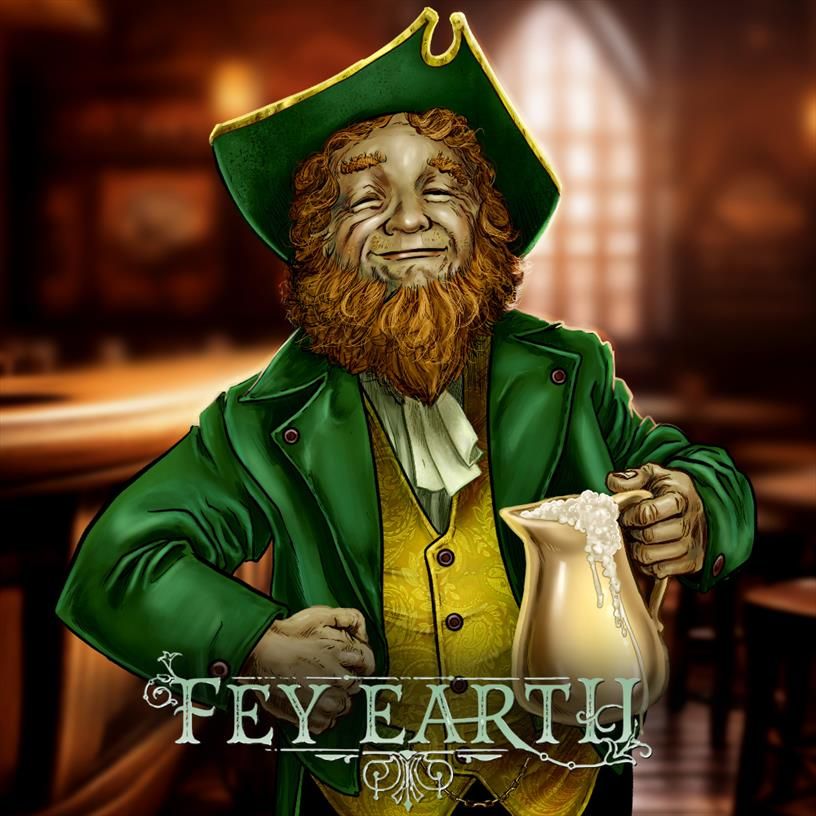 Image shows a leprechaun in a green jacket with a golden coloured waistcoat wearing a green tricorned hat with gold trim, gold chain of a pocketwatch going across their torso and dark green trousers. They have a thick bushy auburn beard and are smiling while holding up a frothy pint of ale