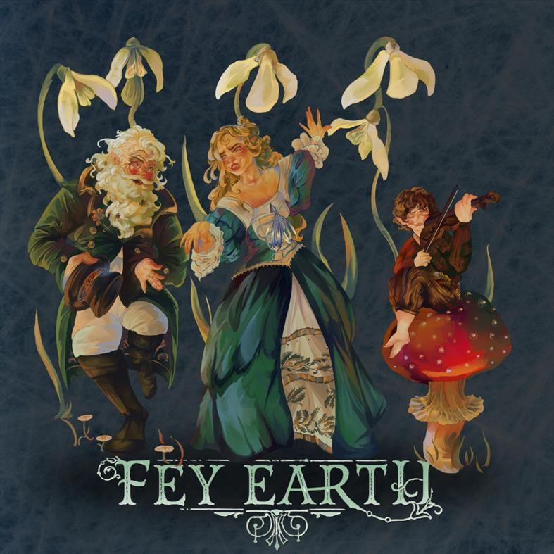 The image shows a trio of fairies. There is a male later middle aged figure, with a flowing white beard and hair, wearing a gold trimmed dark green jacket with tails, white shirt and white trousers tucked into knee high black boots. Beside him is a female with flowing blonde hair wearing a green and white ballgown. To her right is a young male figure wearing simple brown coloured clothing and barefoot sitting on top of a mushroom playing a violin. The other to figures are dancing and behind them are snowdrops, the flowers dropping above the fairies heads.