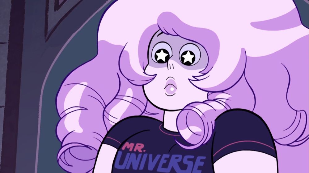 screencap of rose quartz from steven universe in the "story for steven" episode. rose has light pink skin and a large pink hair full of ringlets. her hair is a more vibrant pink than her skin. her black eyes are big and round. greg universe isn't visible in this particular frame but he is front of her and she's looking at him with eyes full of stars. she's wearing the "mr. universe" merch shirt which is a black shirt with the words "mr. universe" written on it. she's in front of the temple doors, which are closed. the doors are dark blue and purple. the scene takes place during the night so the frame has a purple tint to it.