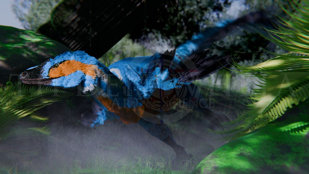 A blue-feathered dromaeosaurid dinosaur dashes through the thick forest undergrowth