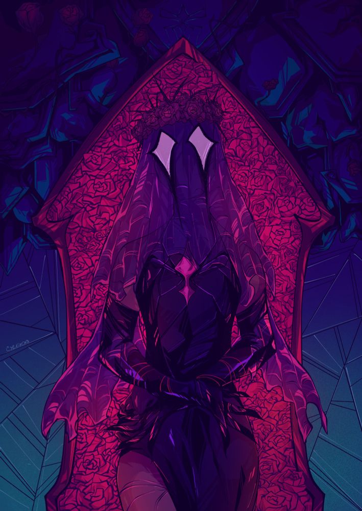 Spidersona oc stands in front of a coffin filled with roses. 