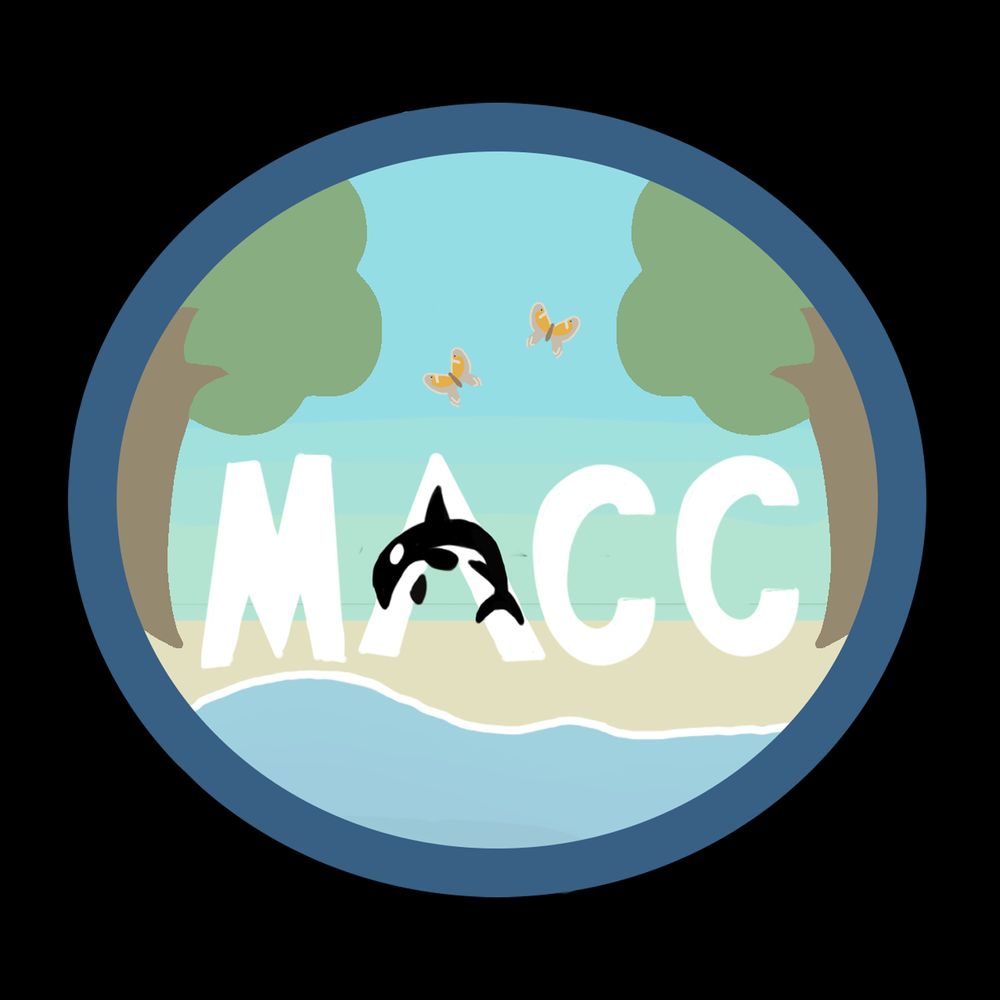 A logo for Maritimes Against Climate Change the letters MACC accompanied by an orca, butterflies, trees and a coastline. MACC is a group who specializes in marches and protests against Climate Change and advocates for a greener future.