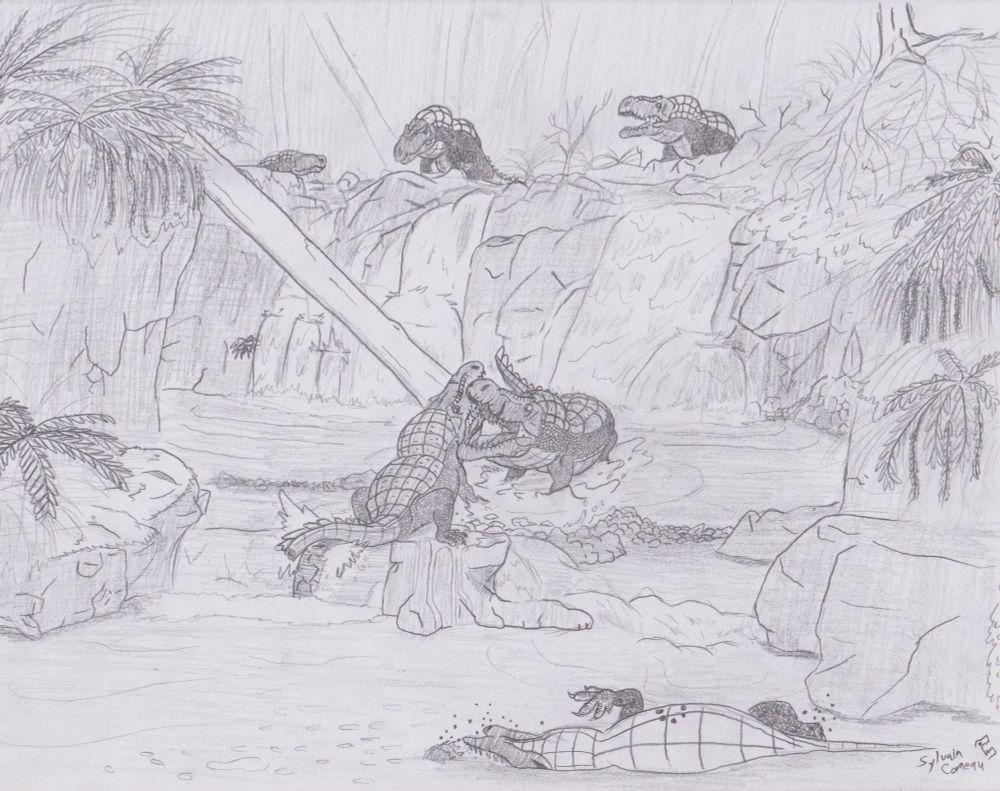 A pencil drawing of the Cynognathus Assemblage Zone, Subzone B. Two Male Erythrosuchus battle at the base of a waterfall as female Erythrosuchus watch on at the top of the waterfall. The waterfall has Triassic ferns surrounding it. A bloated corpse of an Erythrosuchus is floating in the foreground.