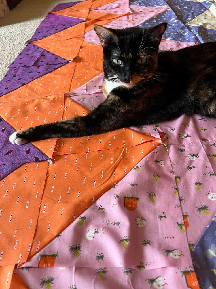 Photo of a calico cat lying on a multicolored Halloween quilt. There is a purple fabric with owls, an orange fabric with eyes, and a pink fabric with orange gravestones, white skulls and green tufts of grass.