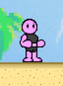 Pixel art of a nondescript purple humanoid wearing a black top and shorts.