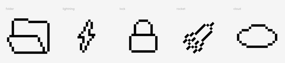 pixel icons: folder, lightning, lock, rocket, cloud