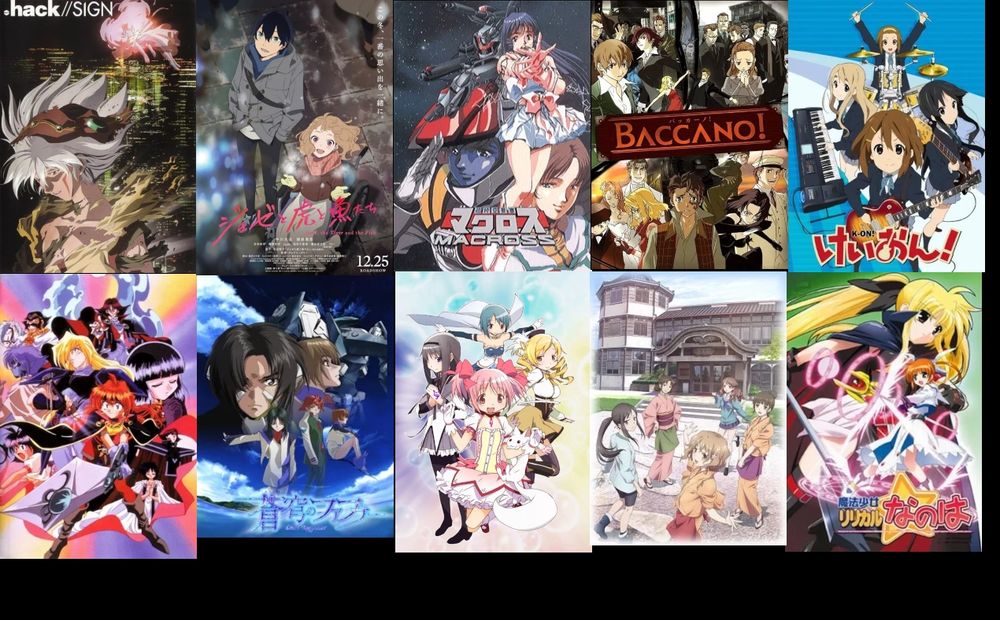 Left to right, up to bottom : .hack//SIGN - Josee to Tora to Sakana-tachi - Macross - Baccano - K-On - Slayers - Soukyuu no Fafner - Puella Magi Madoka Magica - Hanasaku Iroha - Mahou Shoujo Lyrical Nanoha
