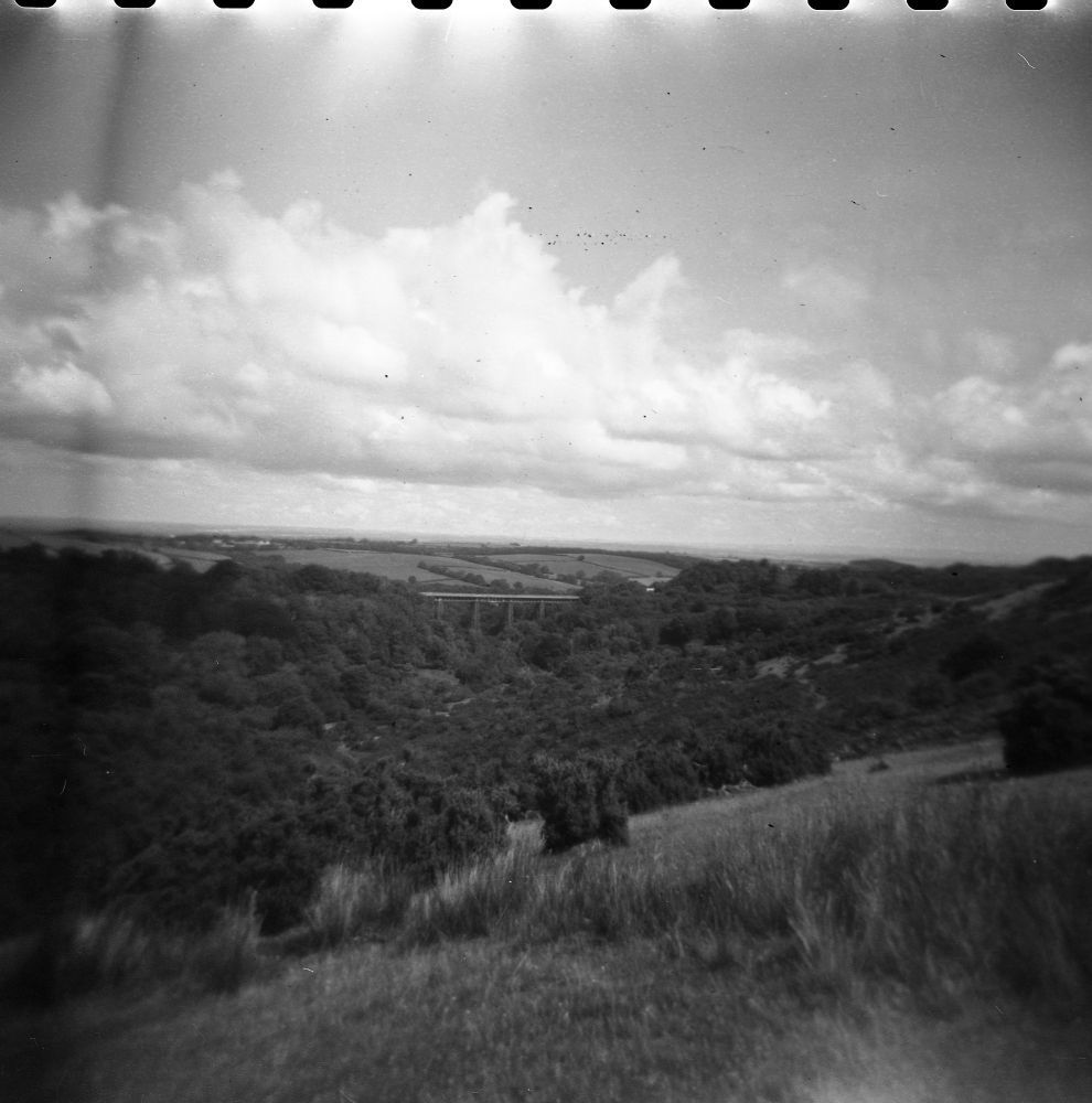 A black and white photo of Meldon Viaduct. The viaduct is just off centre of the frame and is taken from a distance. Trees surround it and there are hills in the background.