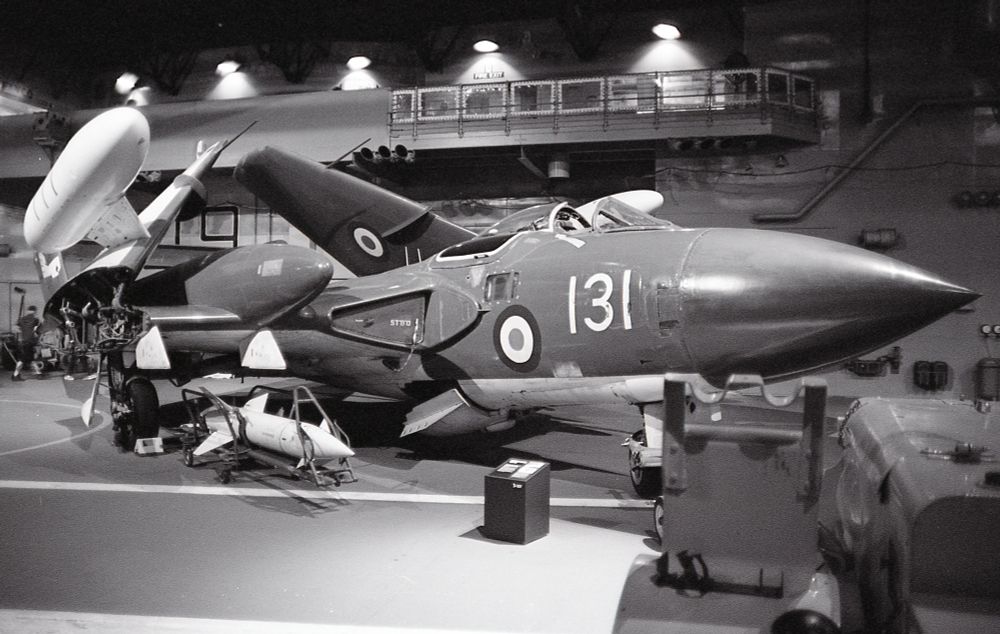A black and white photo of a De Havilland Sea Vixen at the Fleet Air Arm Museum 