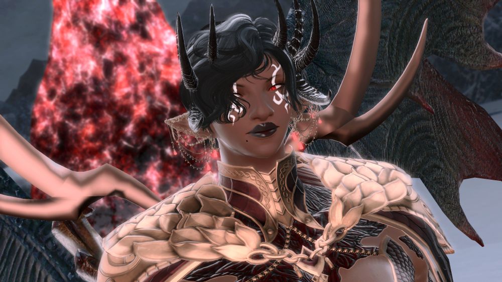 Close up of Lisette, merged with Nidhogg. She has Nidhogg horns sprouting from her head and dragon wings. I post this image so much lol