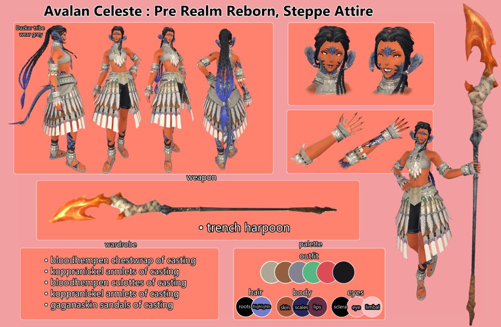 FFXIV reference sheet for my OC Avalan Celeste, showing her Steppe Attire before she left home