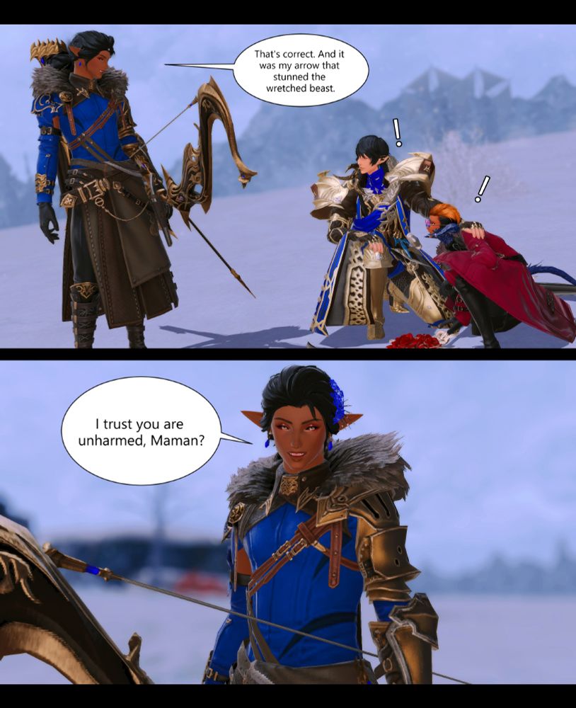 The young archer appears next to them and begins to explain: "That's correct. And it was my arrow that stunned the wretched beast." He gives Avalan a smile. "I trust that you are unharmed, Maman?"