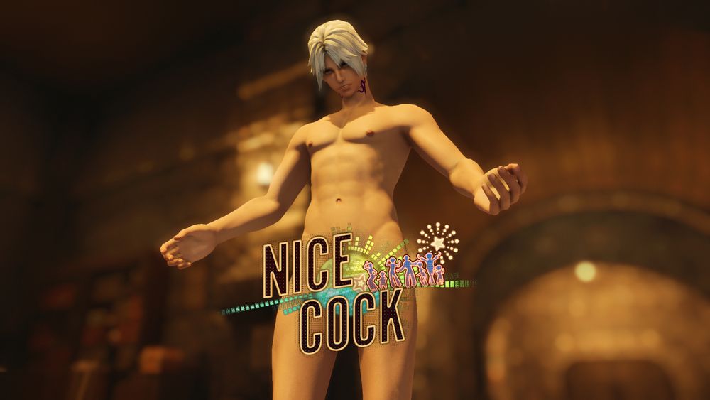 Thancred is standing naked with a strategically placed "Nick Cock" sticker