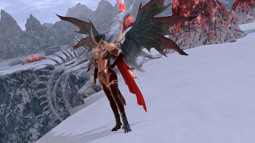 A full body image of Lisette merged with Nidhogg. She has scales on her body, wings, horns, and her feet are now more dragon like.