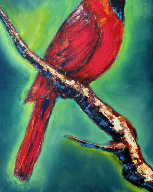 Bottom Half - A vibrant painting of a red cardinal perched on a branch against a vivid green and blue background, highlighting its striking colors.