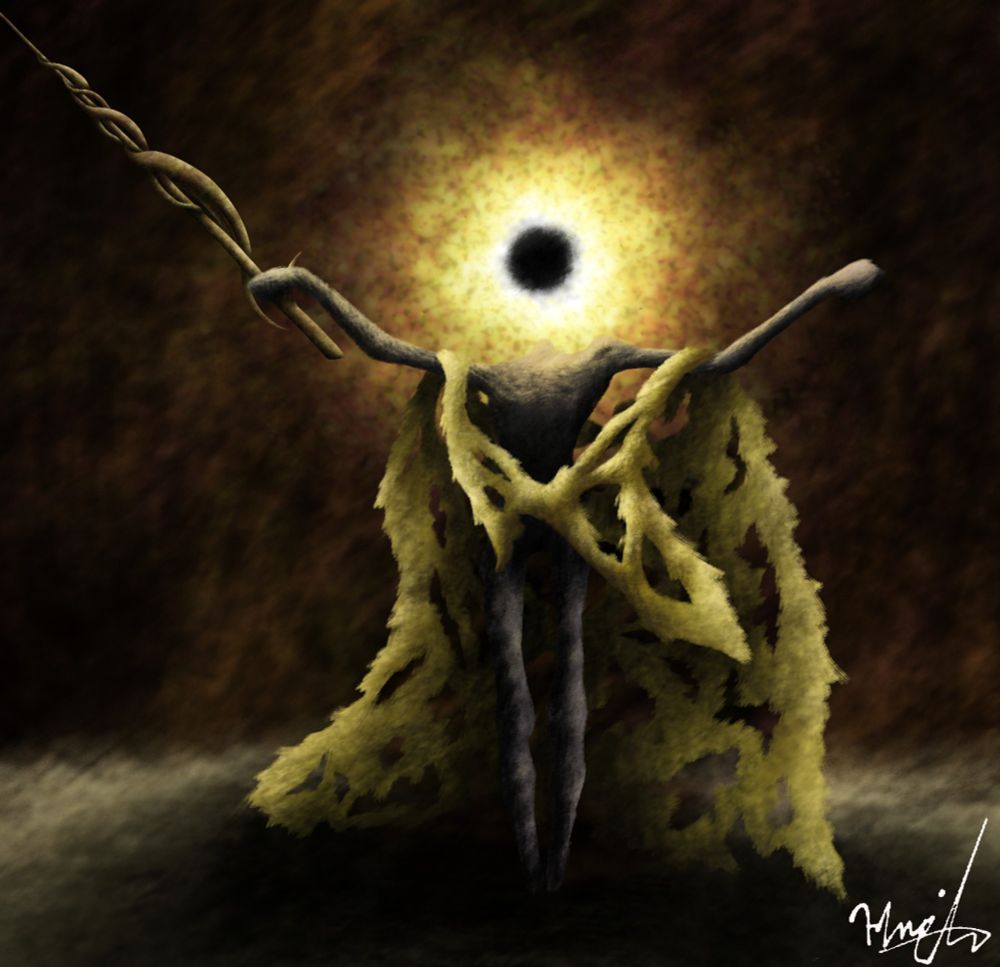 Midra, the Lord of Frenzied Flame. He is an emaciated figure draped in tattered yellow robes with his arms held high in a seemingly joyous pose, wielding the very blade that had brutally pierced his body in perpetual punishment. Where his head should be, there is a great raging fire of, a burning crown fit for a mad king.