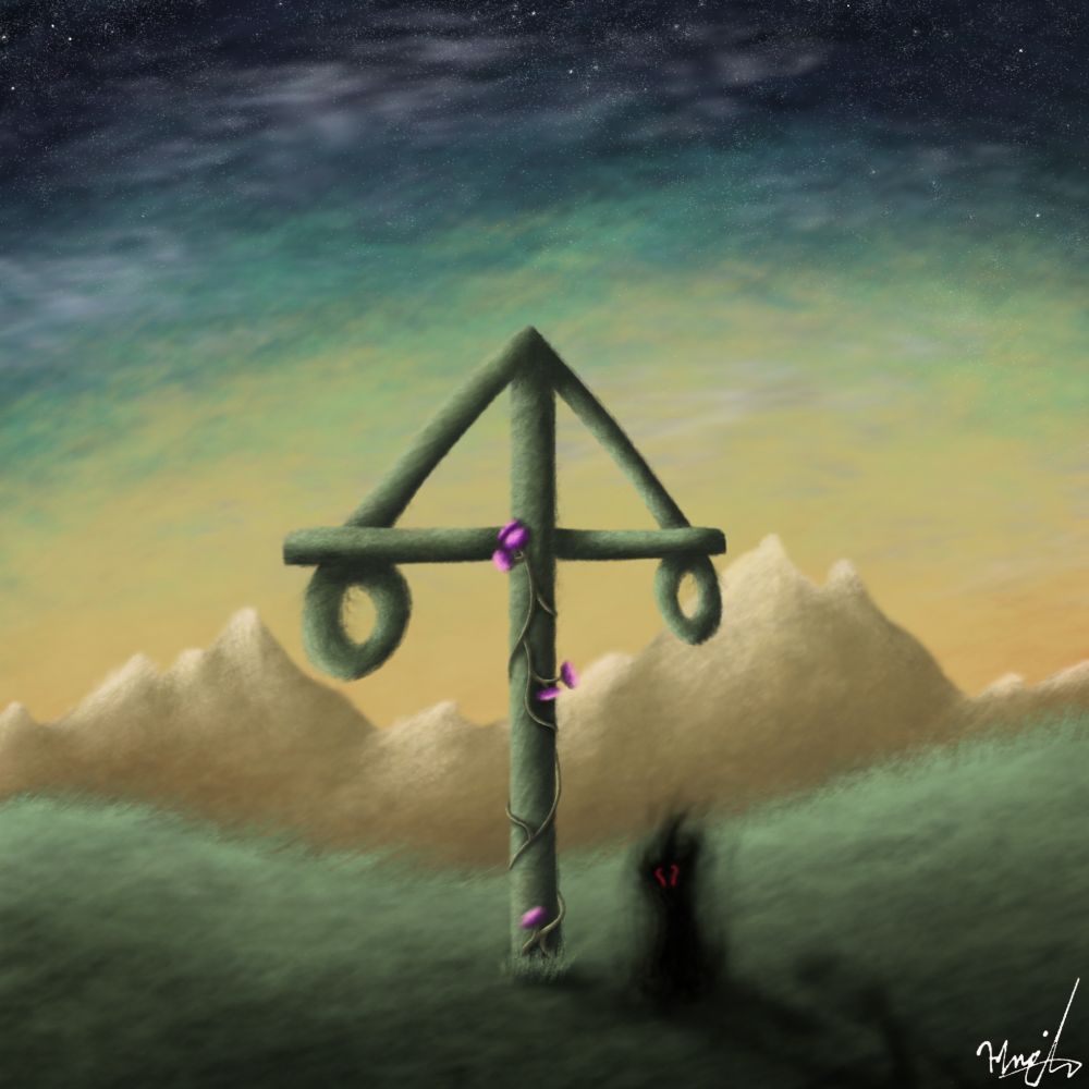 Weird inky blob thing standing by a maypole in a green field. The sun is rising, lighting the distant mountains ablaze in the coming day's warmth.