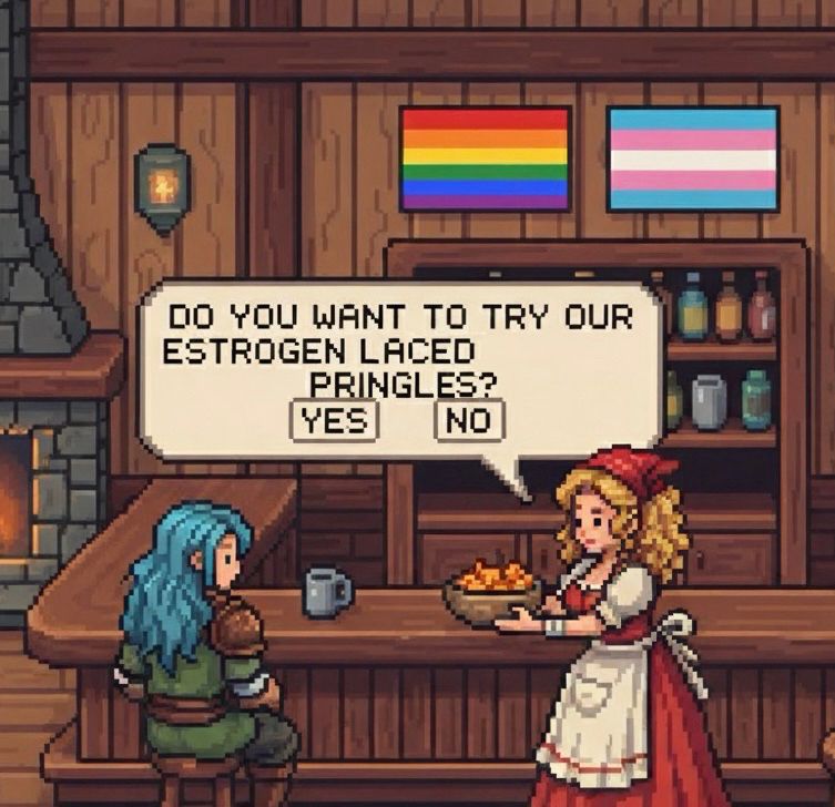 Pixel art scene inside a cozy tavern with wooden walls, a stone fireplace, and shelves of bottles. A rainbow pride flag and a transgender pride flag hang on the wall. A woman in a red dress and white apron holds out a bowl of chips to a person with long blue hair and armor sitting at the bar. A text box above them says: “Do you want to try our estrogen laced Pringle?” with selectable options “YES” and “NO.”