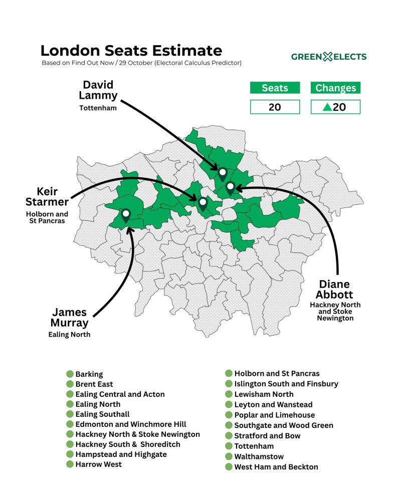 A map of Green Party’s potential Westminster gain from Labour.