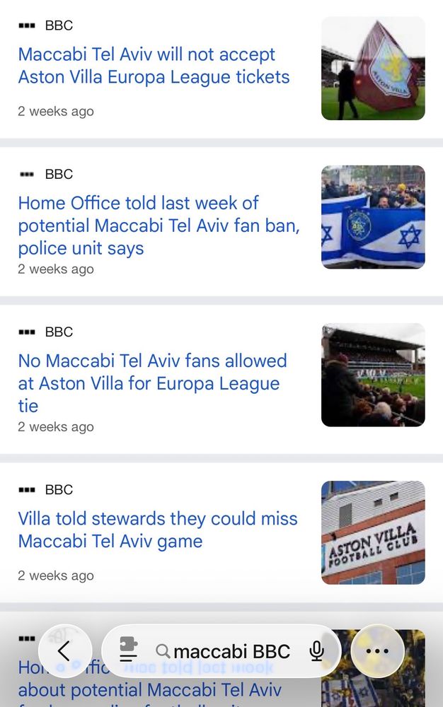 Screenshot of Google news search results for keywords Maccabi and BBC, showing no recent results.