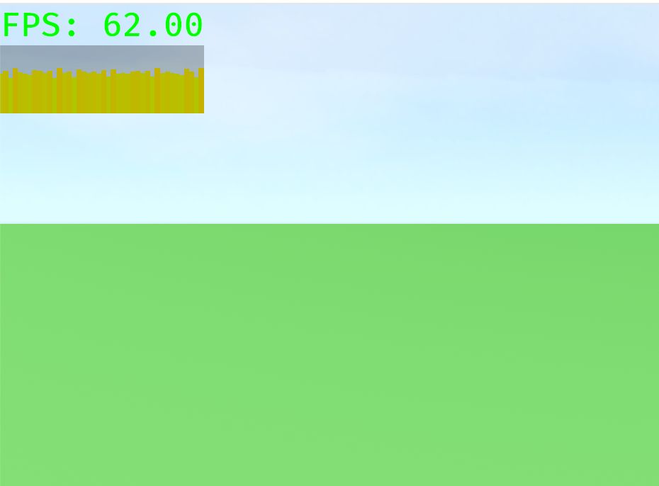 A screenshot of a largely empty 3d world, with only a skybox and a ground, running at 62 FPS.
