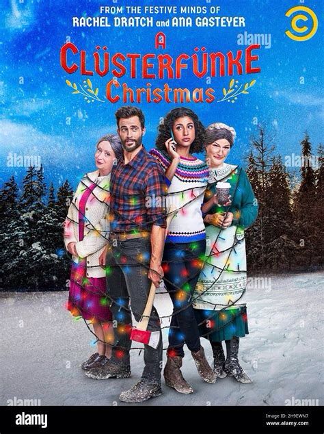 Movie promo codes ver for A Clusterfunke Christmas with the main cast standing in a snowy winter scene wrapped up in Christmas lights. 