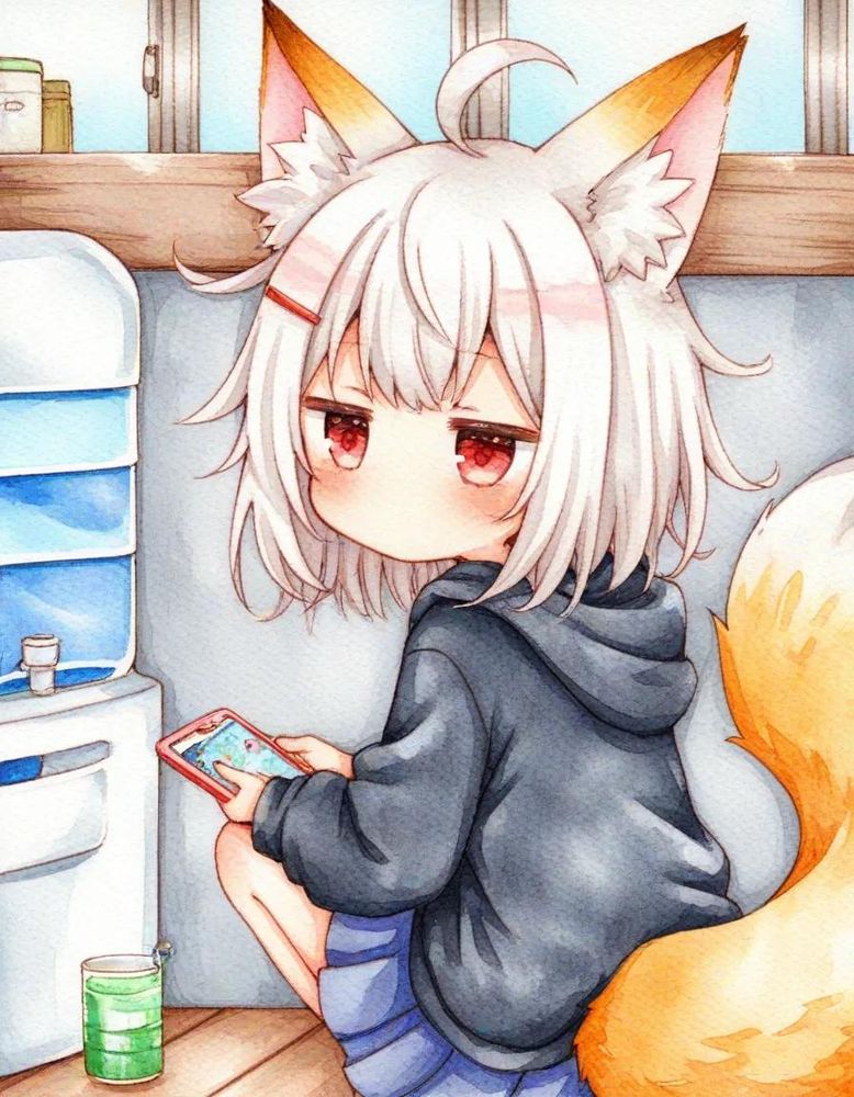 1girl, 
skinny, loli, 
fox girl, fox ears, fox tail, white hair, medium hair, messy hair, ahoge, bob cut, red eyes, jitome, no mouth, 
black hoodie, pleated skirt, orange hairpin,
squatting, knees together, 
looking at object, holding smartphone,
(from behind:1.1), 
indoors, (water cooler:1.1), cup, 
deformed, 
colored pencil \(medium\), watercolor \(medium\), 


Negative prompt:(censored:1.2), (bar censor:1.1), (mosaic censoring:1.2), (blurry:1.1), 
(chibi inset:1.2), 
long torso, 
(leotard:1.1), 
(cropped torso:1.1), 
(randoseru:1.2), 
Steps: 8, Sampler: euler_ancestral sgm_uniform, CFG scale: ['101', 0], Seed: ['86', 0], Size: 896x1152, Model: animagineXL40_v40.safetensors

Memo: 