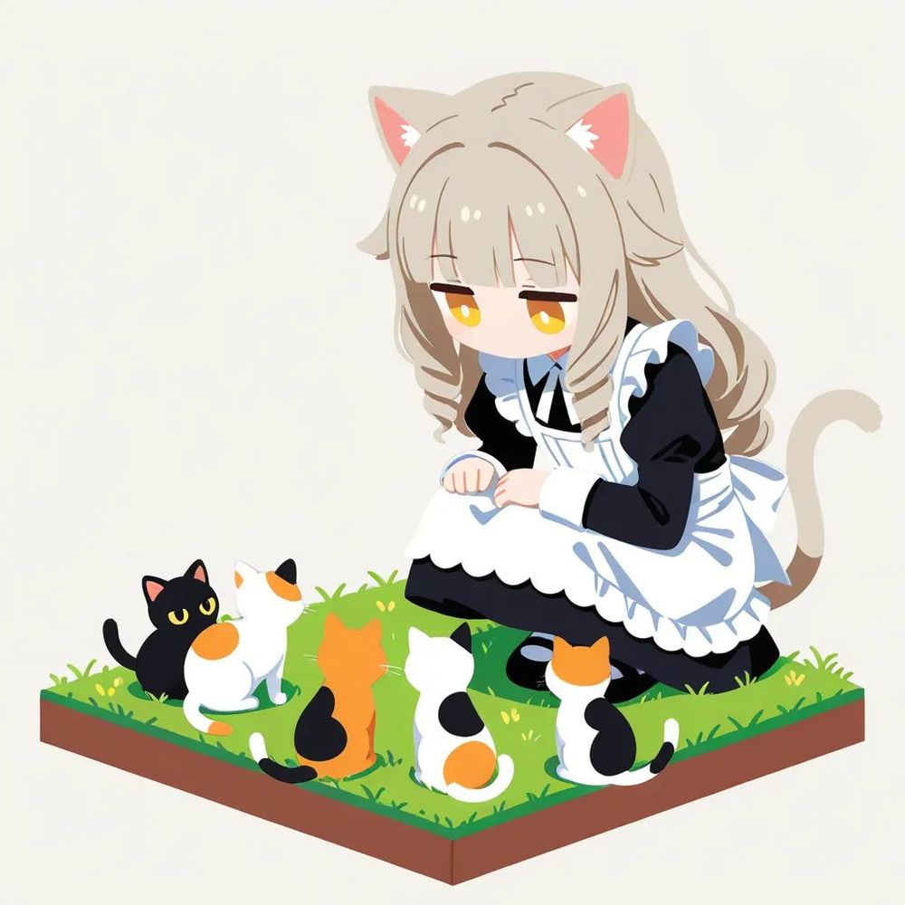 1girl, 
loli,
cat girl, cat ears, silver blonde hair, long hair, wavy hair, drill hair, blunt bangs, hair flaps, cat tail, yellow eyes, jitome, no mouth, 
maid dress, long sleeves, puffy sleeves,
squatting, looking down, many cats,
deformed, flat color, no lineart, 
faux figurine, grass, 

Negative prompt:chibi inset, 
skirt, (hikimayu:1.2), 
Steps: 8, Sampler: euler_ancestral sgm_uniform, CFG scale: ['101', 0], Seed: ['86', 0], Size: 1024x1024, Model: lunarcherrymix_v22BaseIllustrxl20.safetensors

Memo: 