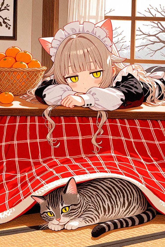 1girl, 

loli, cat girl, cat ears, silver blonde hair, long hair, wavy hair, drill hair, blunt bangs, hair flaps, yellow eyes, jitome, maid dress, long sleeves, puffy sleeves, lying on stomach, under kotatsu, indoors, kotatsu, mandarin orange, (deformed:1.1), no mouth, no sclera, animal ears, under table, puffy long sleeves, waist ribbon, dot nose, slit pupils, maid headdress, dress, lying, black dress, table, food, apron, grey background, on stomach, looking at viewer, fruit, solo, blush stickers, white apron,

The image portrays a charming scene featuring two cats. The cat on the left has striking yellow eyes and is adorned with pink ears, giving it an endearing appearance. It's wearing a white dress with black accents, adding to its playful demeanor. The cat on the right has gray fur with darker stripes, exuding a sense of calmness. Both cats are sitting upright next to each other, their attention seemingly captured by something outside the frame. They are positioned against a backdrop that includes a wooden table and a window with curtains, suggesting an indoor setting. The overall composition creates a warm and inviting atmosphere.

watercolor \(medium\), colored pencil \(medium\)

Negative prompt:censored, mosaic censoring, bar censor, 
(blush:1.1), 
Steps: 8, Sampler: euler_ancestral sgm_uniform, CFG scale: ['101', 0], Seed: ['86', 0], Size: 1024x1536, Model: obsessionIllustrious_vPredV20.safetensors

Memo: 