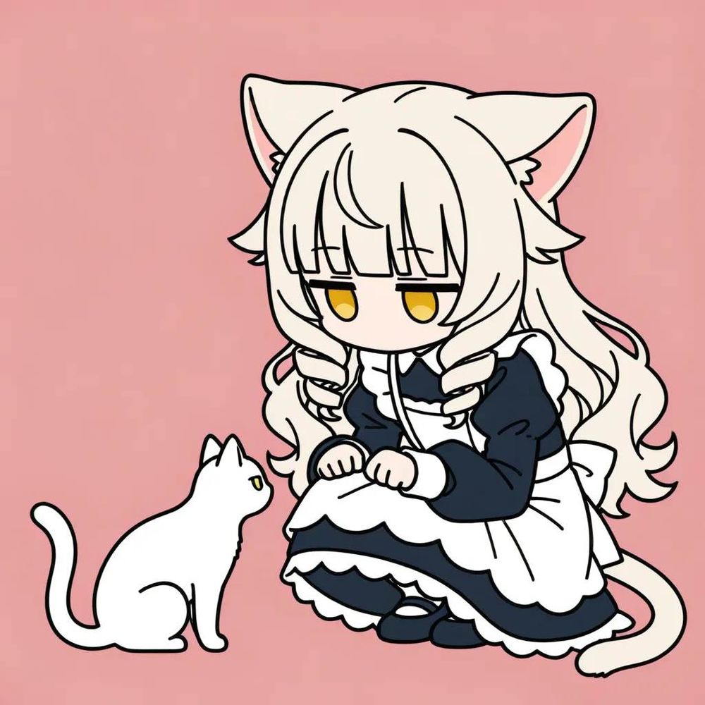 1girl, 
loli,
cat girl, cat ears, silver blonde hair, long hair, wavy hair, drill hair, blunt bangs, hair flaps, cat tail, yellow eyes, jitome, no mouth, 
maid dress, long sleeves, puffy sleeves,
squatting, looking down, cat,
deformed, flat color, 
simple background, 

Negative prompt:chibi inset, 
skirt, (hikimayu:1.2), 
Steps: 8, Sampler: euler_ancestral sgm_uniform, CFG scale: ['101', 0], Seed: ['86', 0], Size: 1024x1024, Model: lunarcherrymix_v22BaseIllustrxl20.safetensors

Memo: 