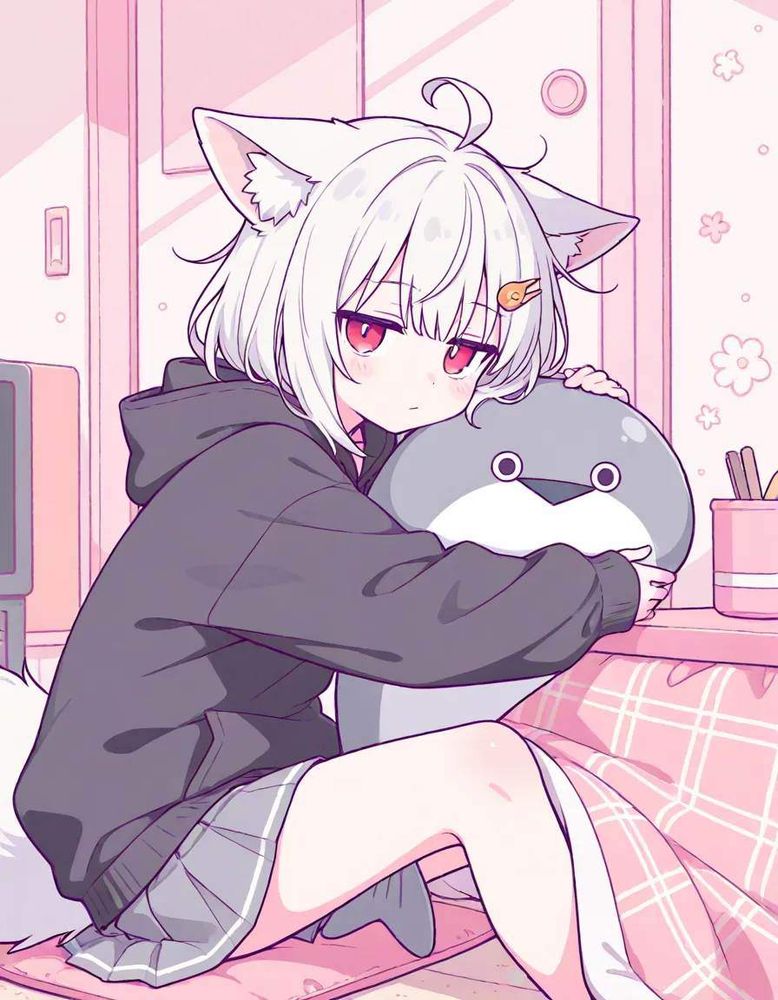 1girl, 
fox ears, white hair, ahoge, messy hair, medium hair, bob cut, jitome, red eyes, 
black hoodie, pleated skirt, orange hairpin,
sitting by kotatsu, hugging sacabambaspis, 
indoors, 
pastel colors theme, limited palette, 

Negative prompt:
Steps: 8, Sampler: euler_ancestral sgm_uniform, CFG scale: ['101', 0], Seed: ['86', 0], Size: 896x1152, Model: illumiyumeXL_v20.safetensors

Memo: 