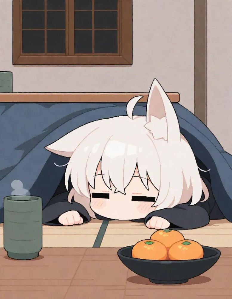 1girl,
chibi, skinny, loli,
fox ears, white hair, messy hair, medium hair, bob cut, ahoge, closed eyes, =_=, no mouth, (blush:0.9),
black hoodie, hanten \(clothes\), 
on stomach under covers, kotatsu, 
yunomi, mandarin orange, 
indoors, zabuton, 
deformed, pixel art, (1990s \(style\):0.75), flat color, 
Negative prompt:censored, blurry, 
(chibi inset:1.2), 
long torso, 
latex, wide-eyed, 
(cropped torso:1.1), 
Steps: 28, Sampler: euler_ancestral sgm_uniform, CFG scale: ['101', 0], Seed: ['86', 0], Size: 896x1152, Model: n40naillousXl_n40naillousXl.safetensors