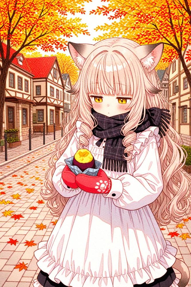 1girl,
loli,
cat girl, cat ears, silver blonde hair, long hair, wavy hair, drill hair, blunt bangs, hair flaps, cat tail, yellow eyes, jitome, 
maid dress, long sleeves, puffy sleeves, scarf, mittens, 
holding sweet potato, 
looking down, 
scenery, 
autumn, outdoors, town, street, 
colored pencil \(medium\), watercolor \(medium\

Negative prompt:sweat, nervous sweat, (blush:1.2),
Steps: 8, Sampler: euler_ancestral sgm_uniform, CFG scale: ['101', 0], Seed: ['86', 0], Size: 1024x1536, Model: obsessionIllustrious_vPredV20.safetensors

Memo: 