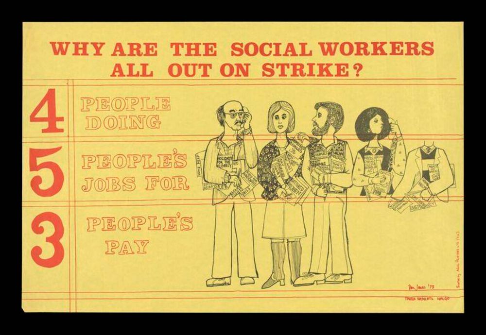 Poster on yellow paper depicting a row of people holding information leaflets about a range of subjects with titles including 'welfare rights', 'holidays for the elderly', 'rent arrears', 'homeless families', 'chronic sick and disabled act', and 'battered women'. The fourth and fifth people in the row are incomplete with one having just a top half, and the last figure having no head or bottom half. Signed and dated by the artist.