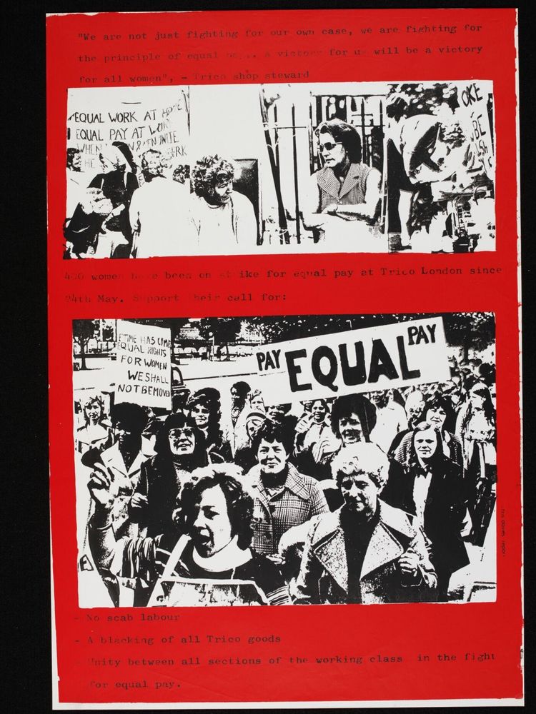 Screenprint in black and red of striking women, asking for no scab labour and boycotting Trico goods.